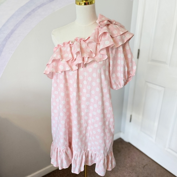 Lisa Marie Fernandez | Medium | Pink & White Polka Dot One Shoulder Ruffle Dress - Picture 2 of 13